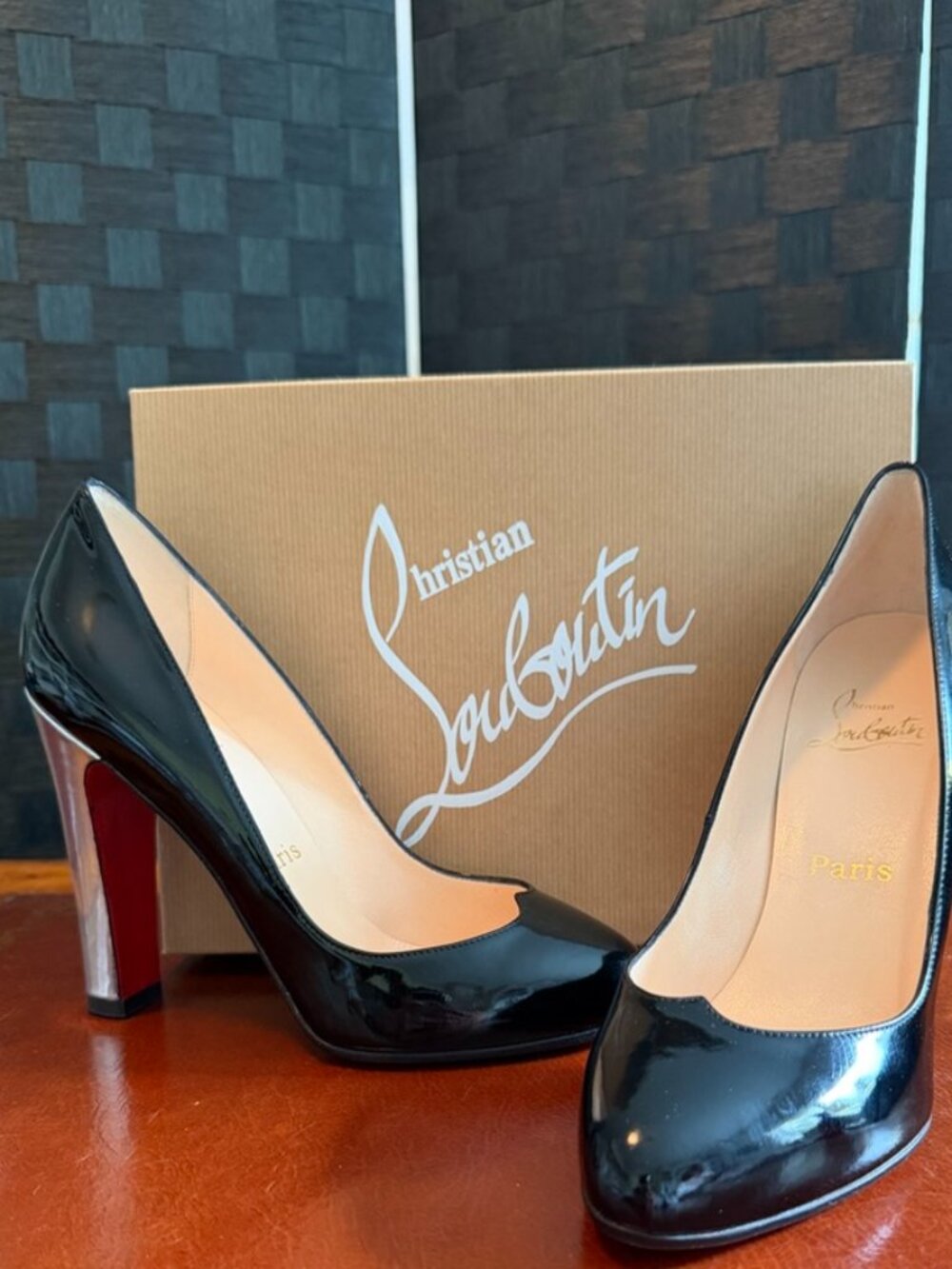 Christian Louboutin Black Patent Leather Pumps with Metallic silver heel, size 9